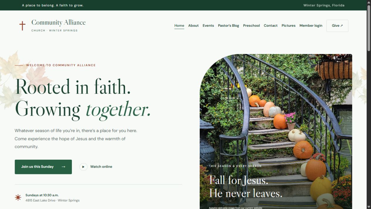 Community Alliance Church website preview with autumn imagery