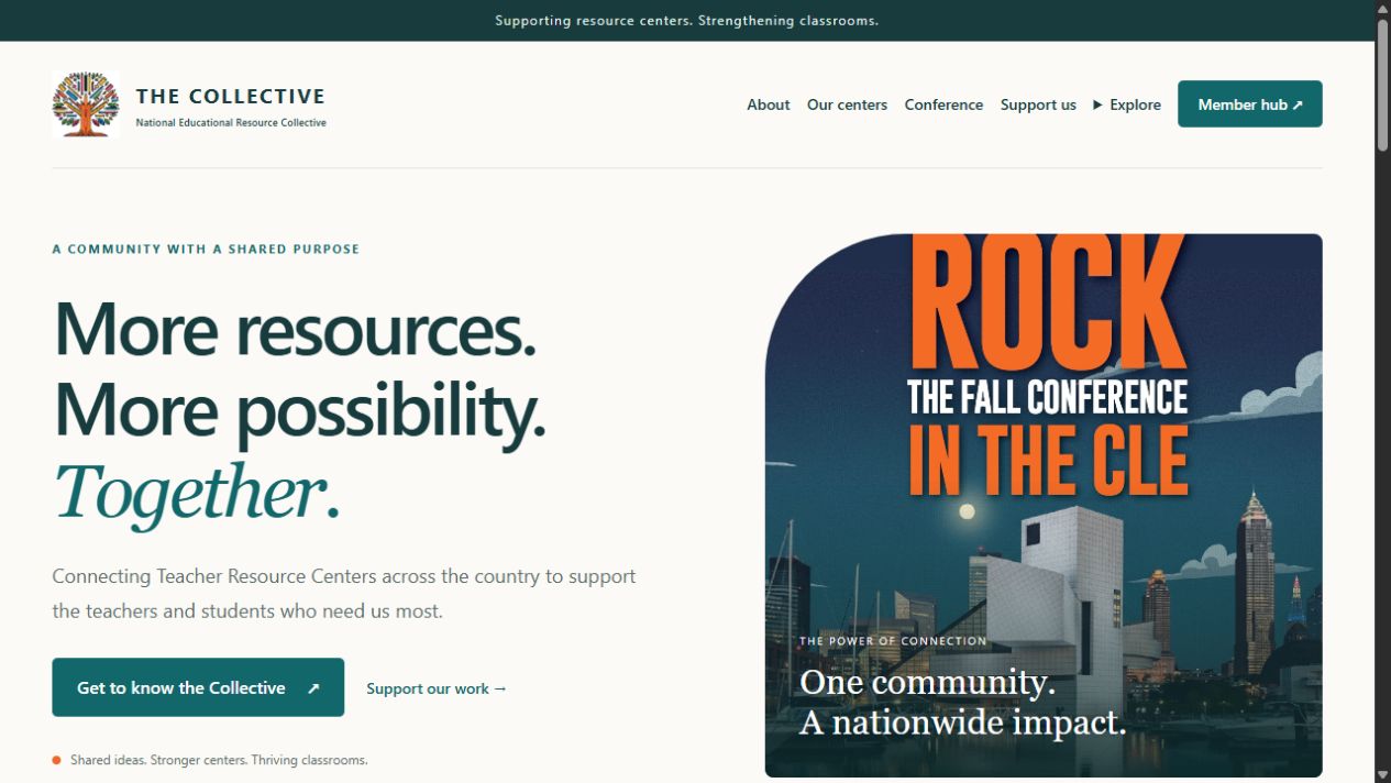 The Collective homepage showing its logo, More resources. More possibility. Together. headline, and conference artwork