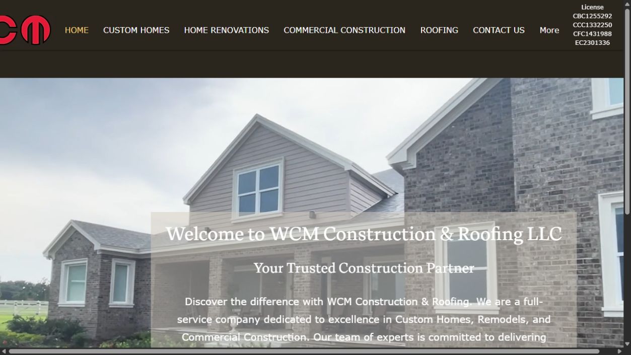 WCM Construction & Roofing website homepage